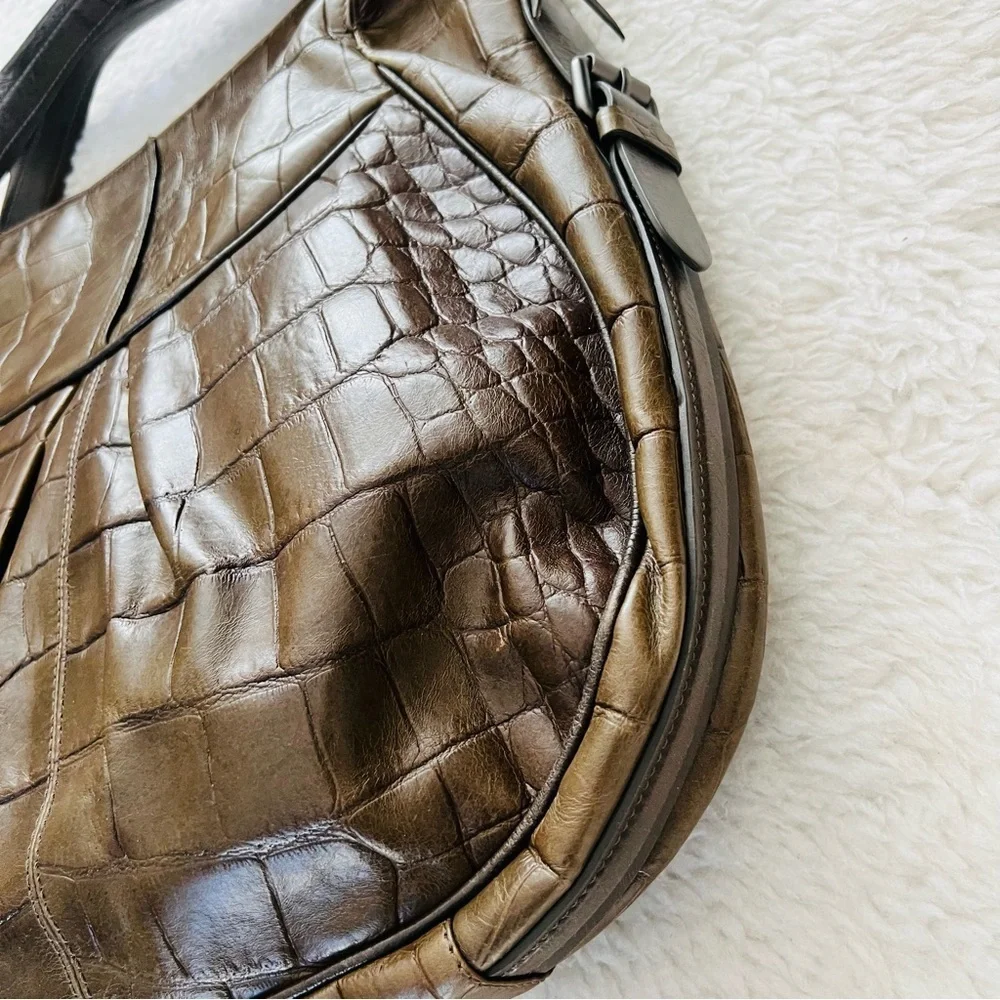 Francesco Biasia Italy Olive Crocodile Print Embossed Leather Large Bag